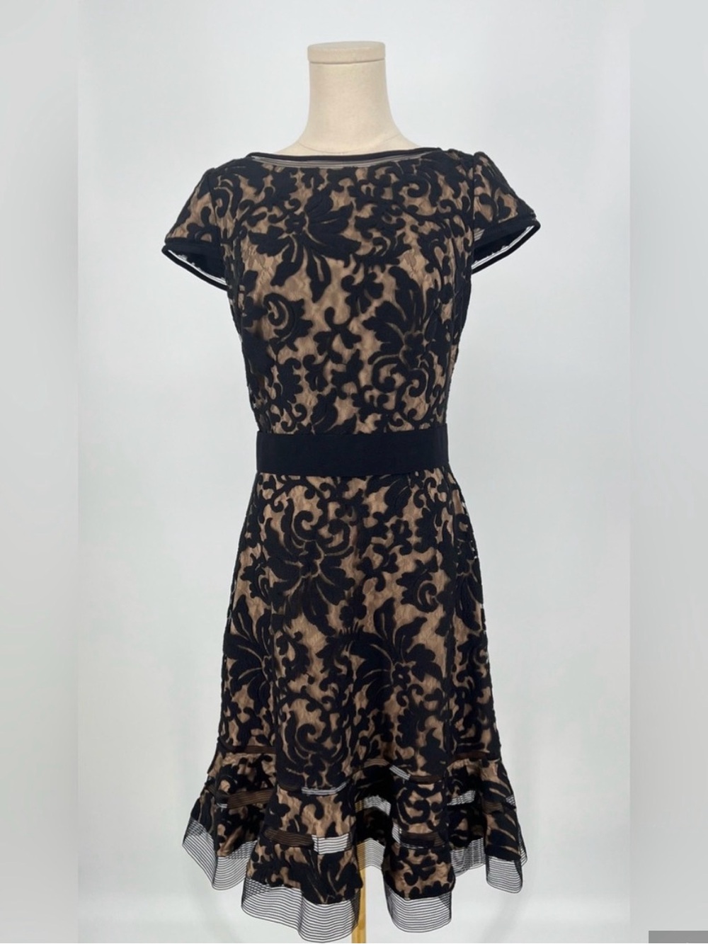 Black Floral Lace Overlay Fit-and-Flare Dress